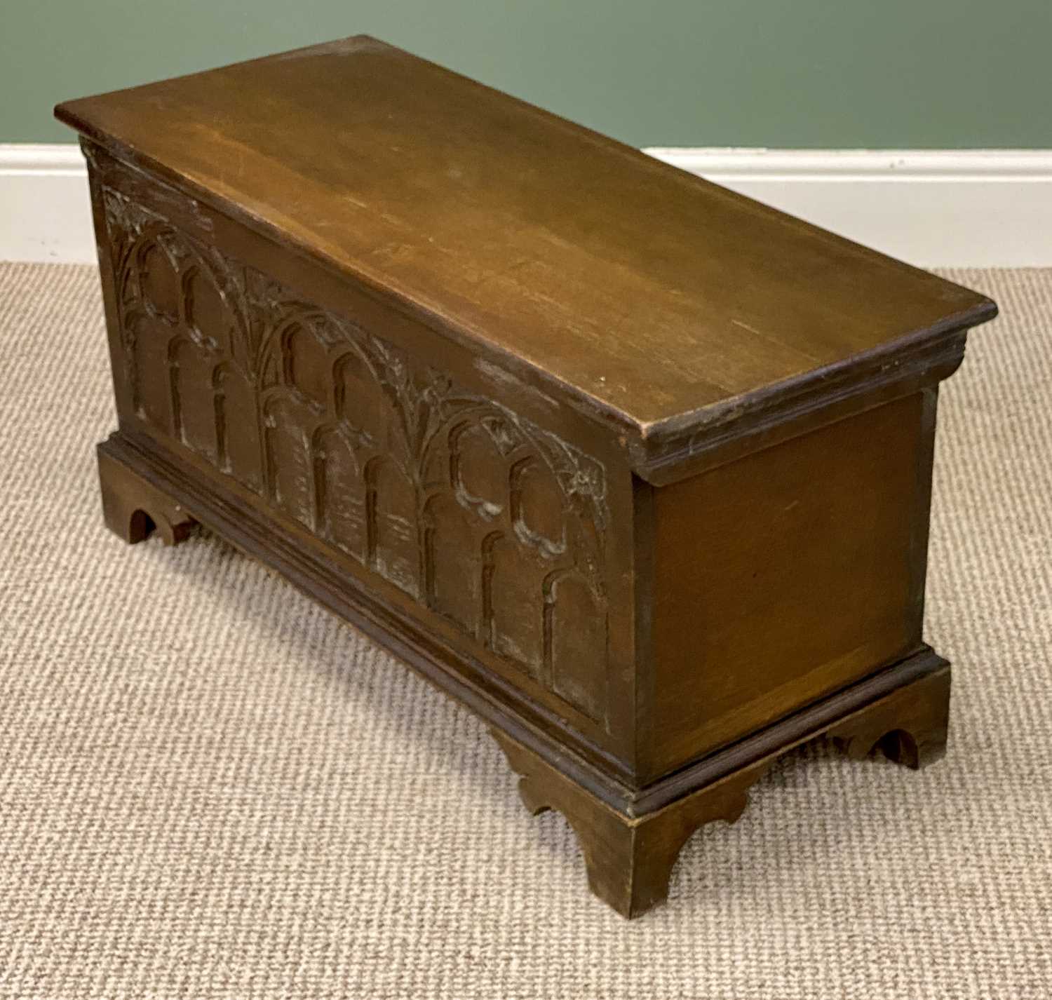 small gothic oak style blanket chest, arched carved panelled front, 47 (h) x 94 (w) x 38cms (d) small gothic oak style blanket chest, arched carved panelled front, 47 (h) x 94 (w) x 38cms (d)