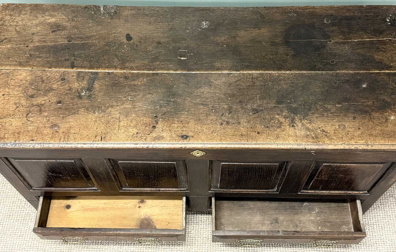 antique joined oak mule chest, rectangular plank top over quadruple panel front and two drawers antique joined oak mule chest, rectangular plank top over quadruple panel front and two drawers