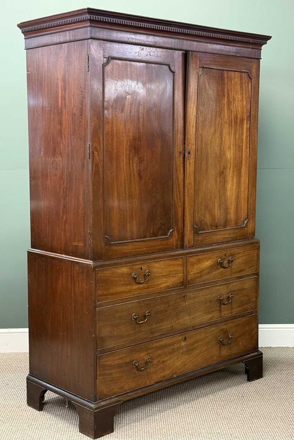 19th century mahogany press cupboard, converted to a handing cupboard, moulded dentil cornice over 19th century mahogany press cupboard, converted to a handing cupboard, moulded dentil cornice over