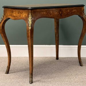 louis xv style inlaid walnut bureau plat, shaped rectangular top with ebonised rim, over a shaped