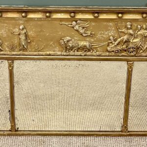 19th century gilt framed overmantel mirror, frieze of classical figures over the three plates