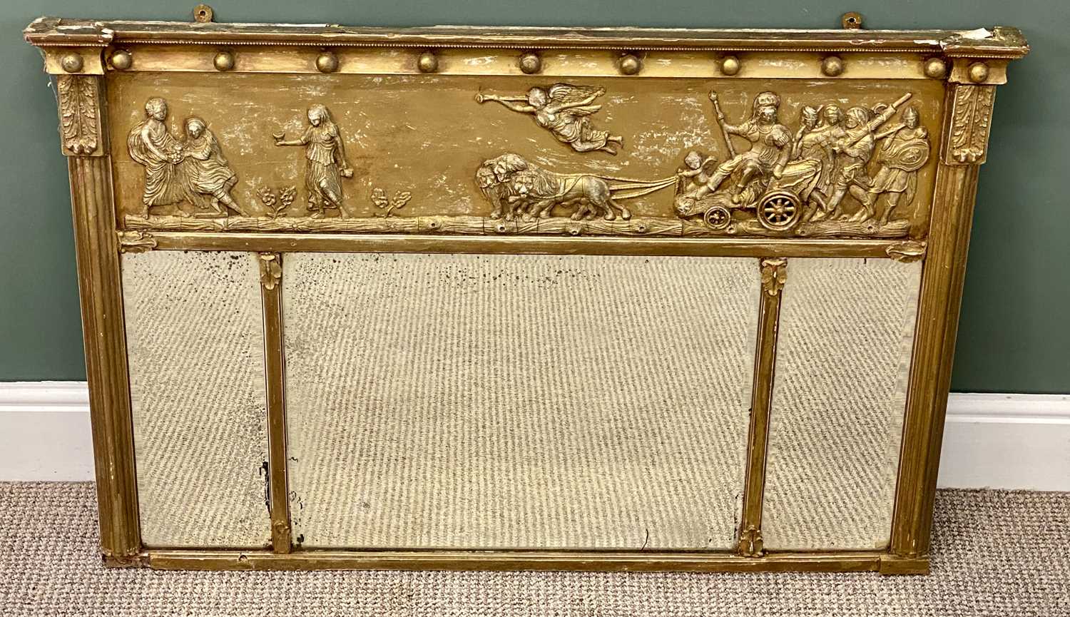 19th century gilt framed overmantel mirror, frieze of classical figures over the three plates 19th century gilt framed overmantel mirror, frieze of classical figures over the three plates