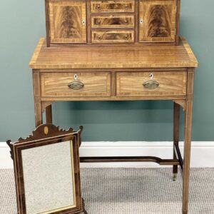 mahogany bonheur du jour, crossbanded and strung raised superstructure with gilded gallery, having