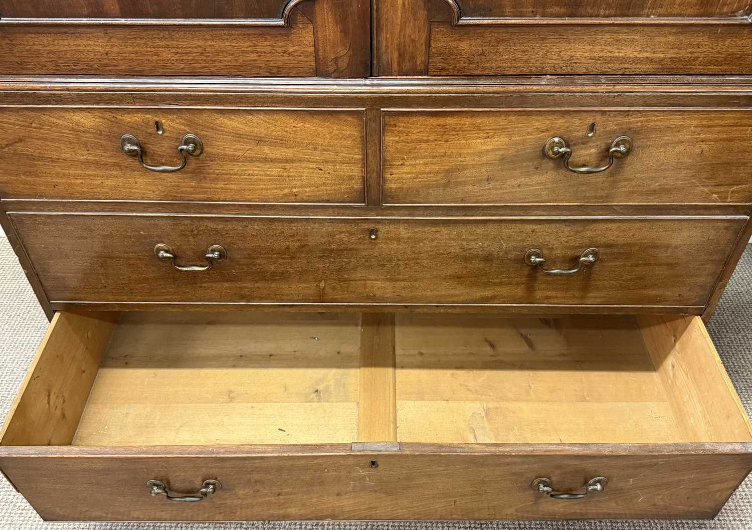 19th century mahogany press cupboard, converted to a handing cupboard, moulded dentil cornice over 19th century mahogany press cupboard, converted to a handing cupboard, moulded dentil cornice over
