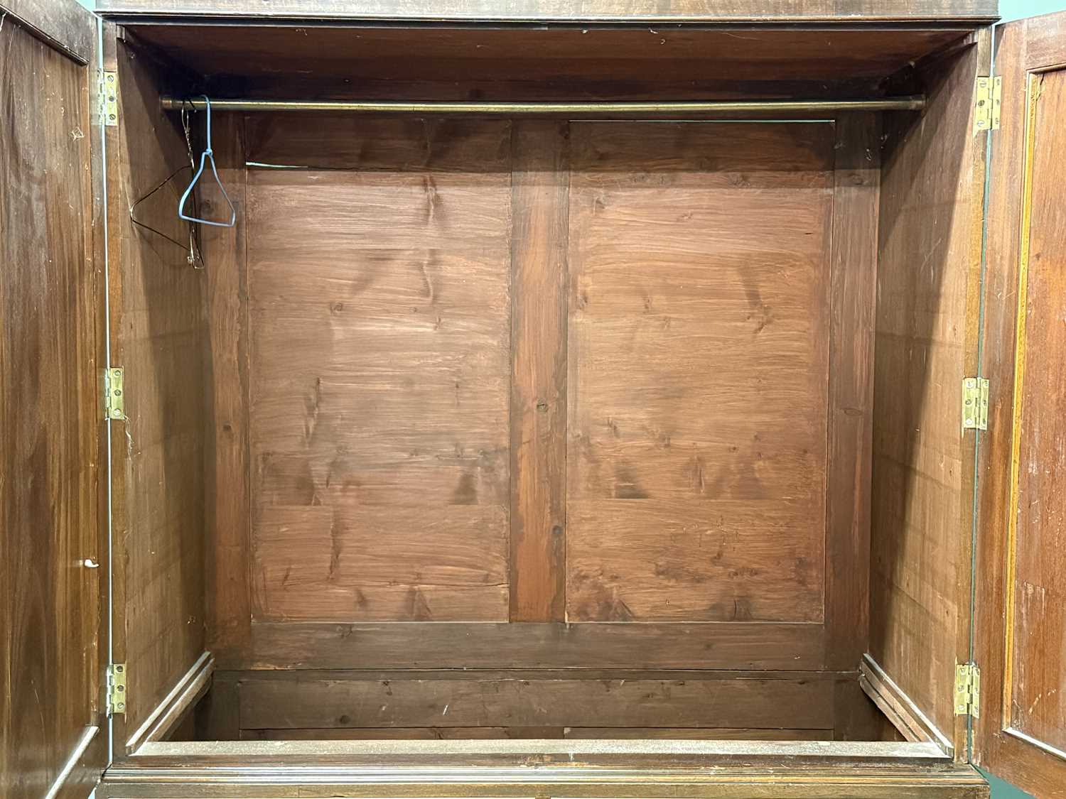 19th century mahogany press cupboard, converted to a handing cupboard, moulded dentil cornice over 19th century mahogany press cupboard, converted to a handing cupboard, moulded dentil cornice over