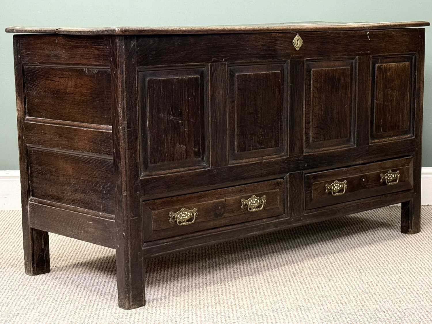 antique joined oak mule chest, rectangular plank top over quadruple panel front and two drawers antique joined oak mule chest, rectangular plank top over quadruple panel front and two drawers
