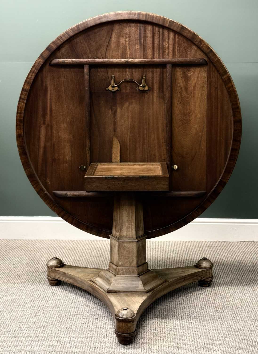 victorian mahogany breakfast table, circular tilt top, tapered octagonal column to the trefoil base, victorian mahogany breakfast table, circular tilt top, tapered octagonal column to the trefoil base,