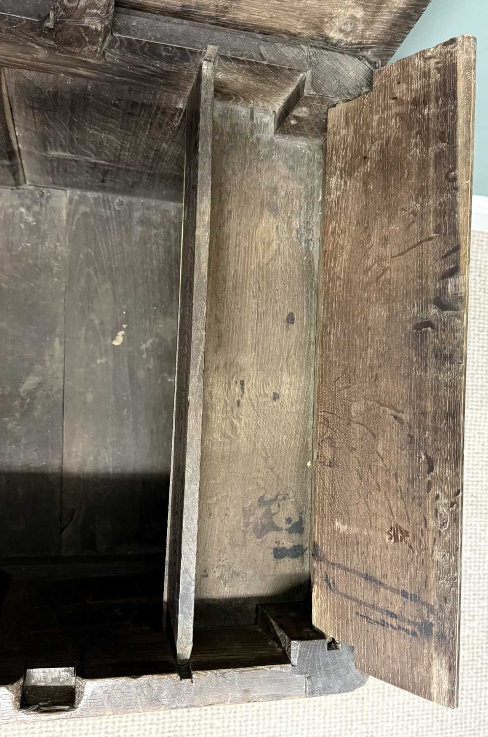 antique joined oak mule chest, rectangular plank top over quadruple panel front and two drawers antique joined oak mule chest, rectangular plank top over quadruple panel front and two drawers
