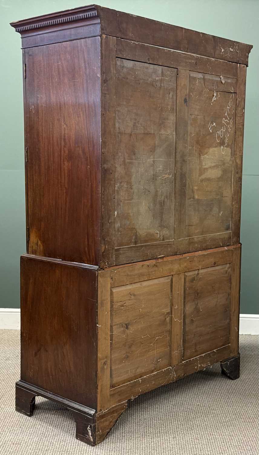 19th century mahogany press cupboard, converted to a handing cupboard, moulded dentil cornice over 19th century mahogany press cupboard, converted to a handing cupboard, moulded dentil cornice over