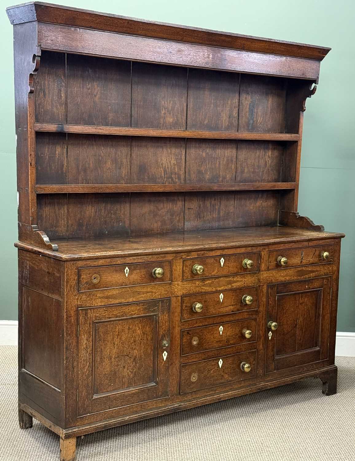 george iii oak welsh dresser, boarded plate rack back having two shelves, base having three top george iii oak welsh dresser, boarded plate rack back having two shelves, base having three top