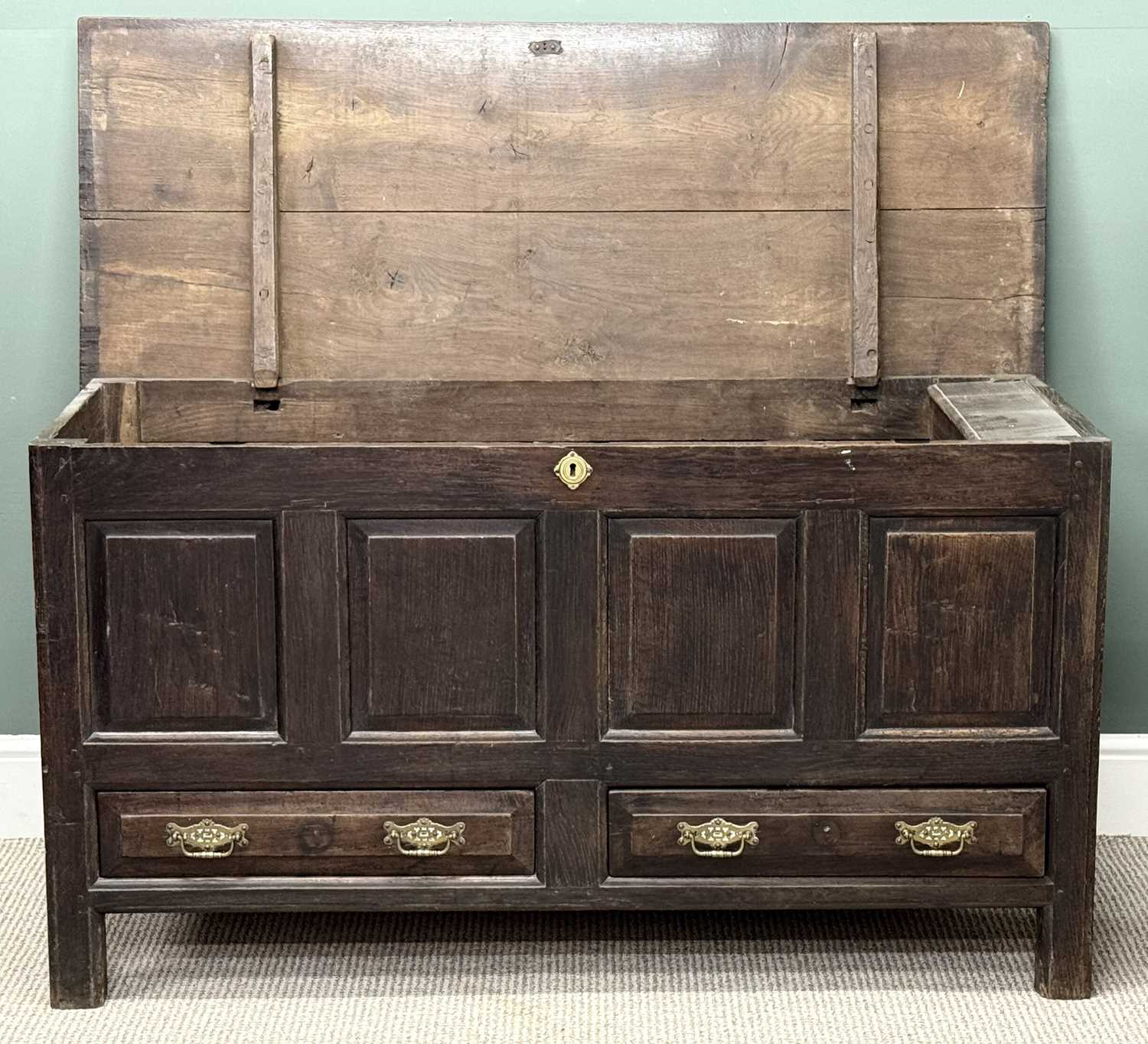 antique joined oak mule chest, rectangular plank top over quadruple panel front and two drawers antique joined oak mule chest, rectangular plank top over quadruple panel front and two drawers
