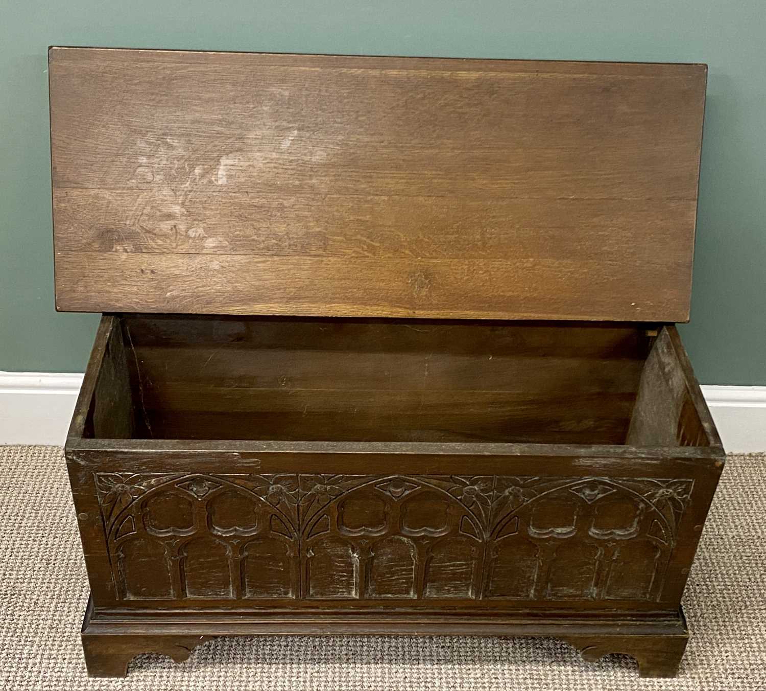 small gothic oak style blanket chest, arched carved panelled front, 47 (h) x 94 (w) x 38cms (d) small gothic oak style blanket chest, arched carved panelled front, 47 (h) x 94 (w) x 38cms (d)