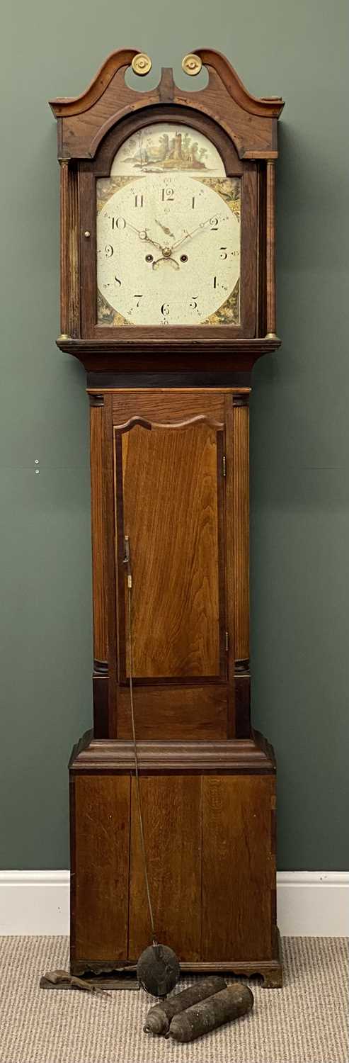 19th century oak & mahogany longcase clock, hood with broken swan neck pediment, painted enamel dial 19th century oak & mahogany longcase clock, hood with broken swan neck pediment, painted enamel dial