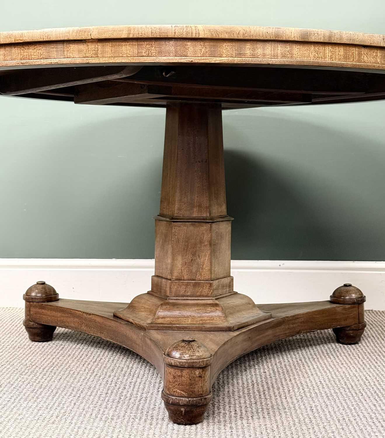 victorian mahogany breakfast table, circular tilt top, tapered octagonal column to the trefoil base, victorian mahogany breakfast table, circular tilt top, tapered octagonal column to the trefoil base,