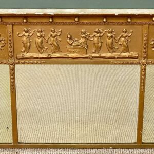 19th century gilt framed overmantel mirror, frieze of classical figures over the three plates