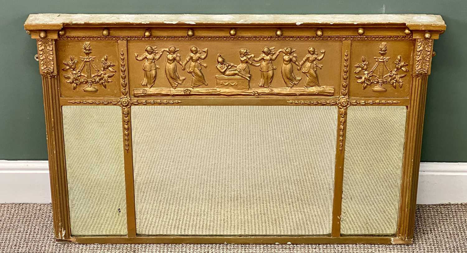 19th century gilt framed overmantel mirror, frieze of classical figures over the three plates 19th century gilt framed overmantel mirror, frieze of classical figures over the three plates