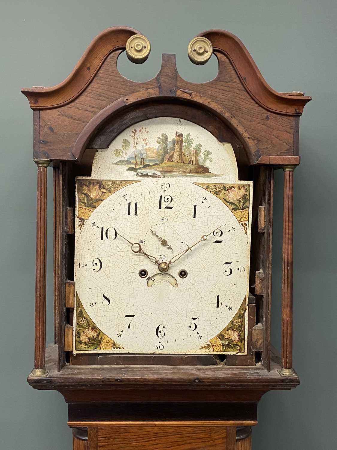 19th century oak & mahogany longcase clock, hood with broken swan neck pediment, painted enamel dial 19th century oak & mahogany longcase clock, hood with broken swan neck pediment, painted enamel dial