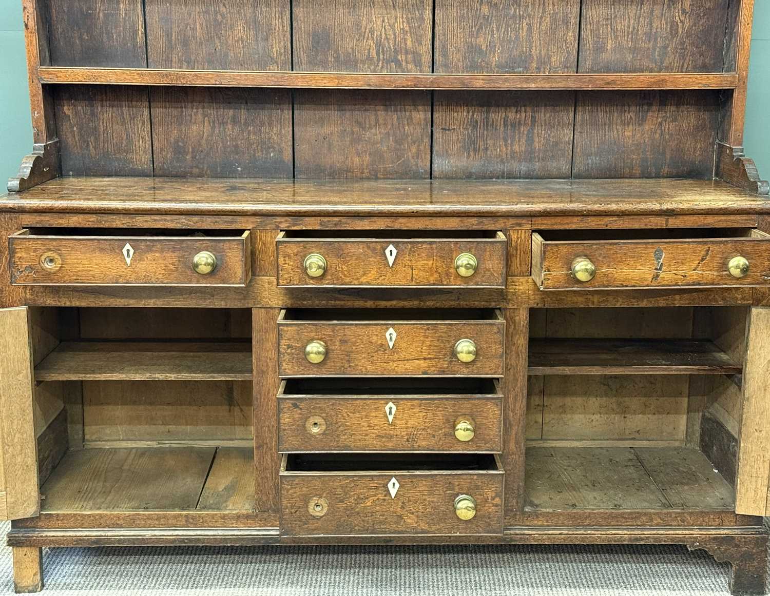 george iii oak welsh dresser, boarded plate rack back having two shelves, base having three top george iii oak welsh dresser, boarded plate rack back having two shelves, base having three top