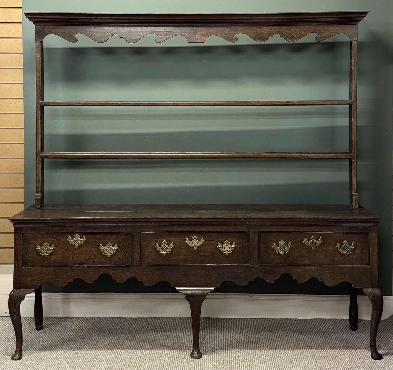 19th century welsh dresser open plate rack back with moulded cornice and scrolled frieze, two 19th century welsh dresser open plate rack back with moulded cornice and scrolled frieze, two