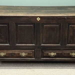 antique joined oak mule chest, rectangular plank top over quadruple panel front and two drawers