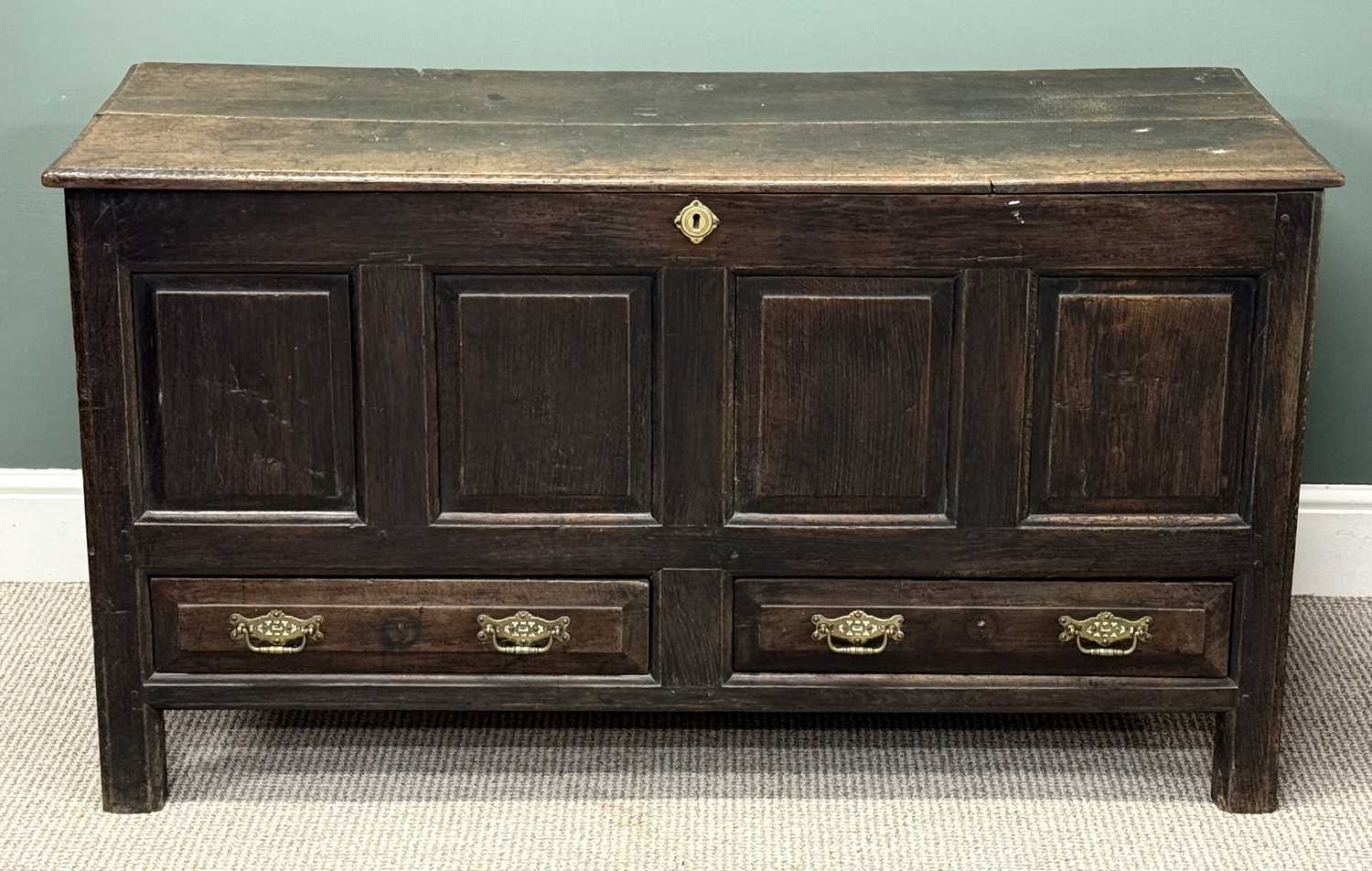 antique joined oak mule chest, rectangular plank top over quadruple panel front and two drawers antique joined oak mule chest, rectangular plank top over quadruple panel front and two drawers