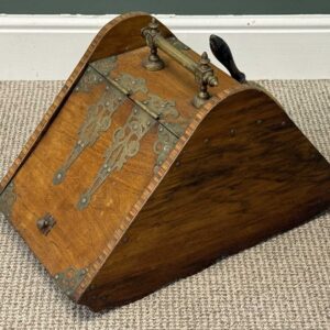 late 19th century walnut coal box with sloping lid, brass fittings & shovel
