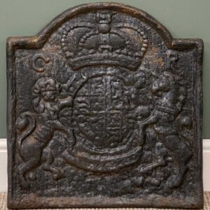 charles ii style cast iron fire back, with royal coat of arms