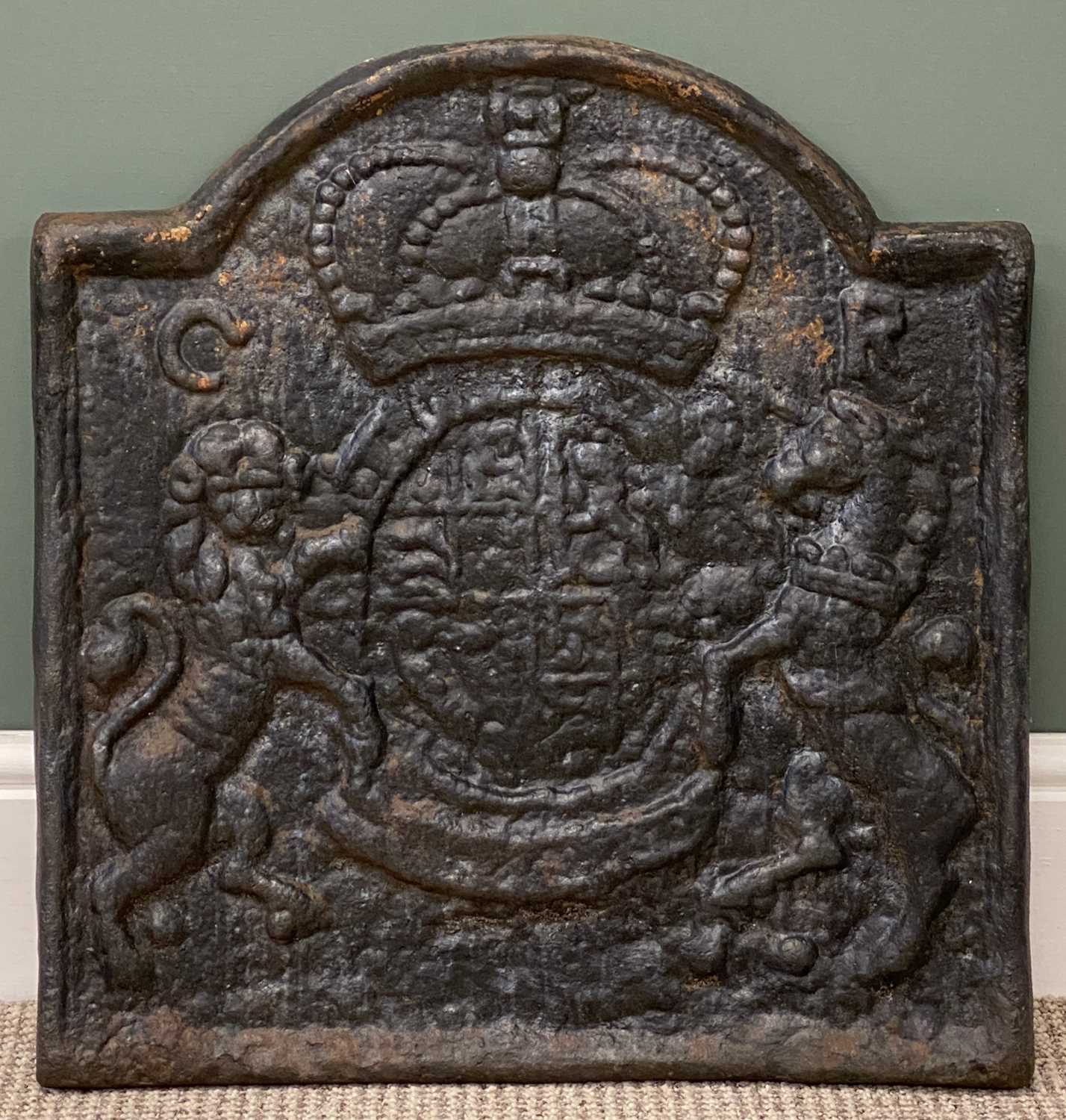charles ii style cast iron fire back, with royal coat of arms charles ii style cast iron fire back, with royal coat of arms
