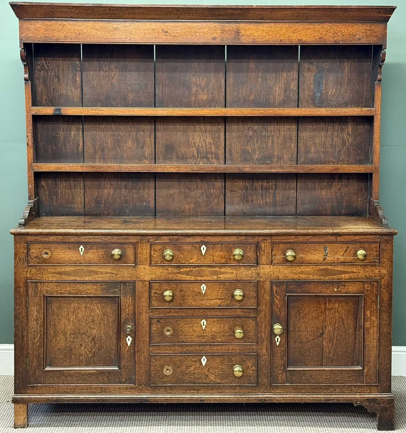 george iii oak welsh dresser, boarded plate rack back having two shelves, base having three top george iii oak welsh dresser, boarded plate rack back having two shelves, base having three top