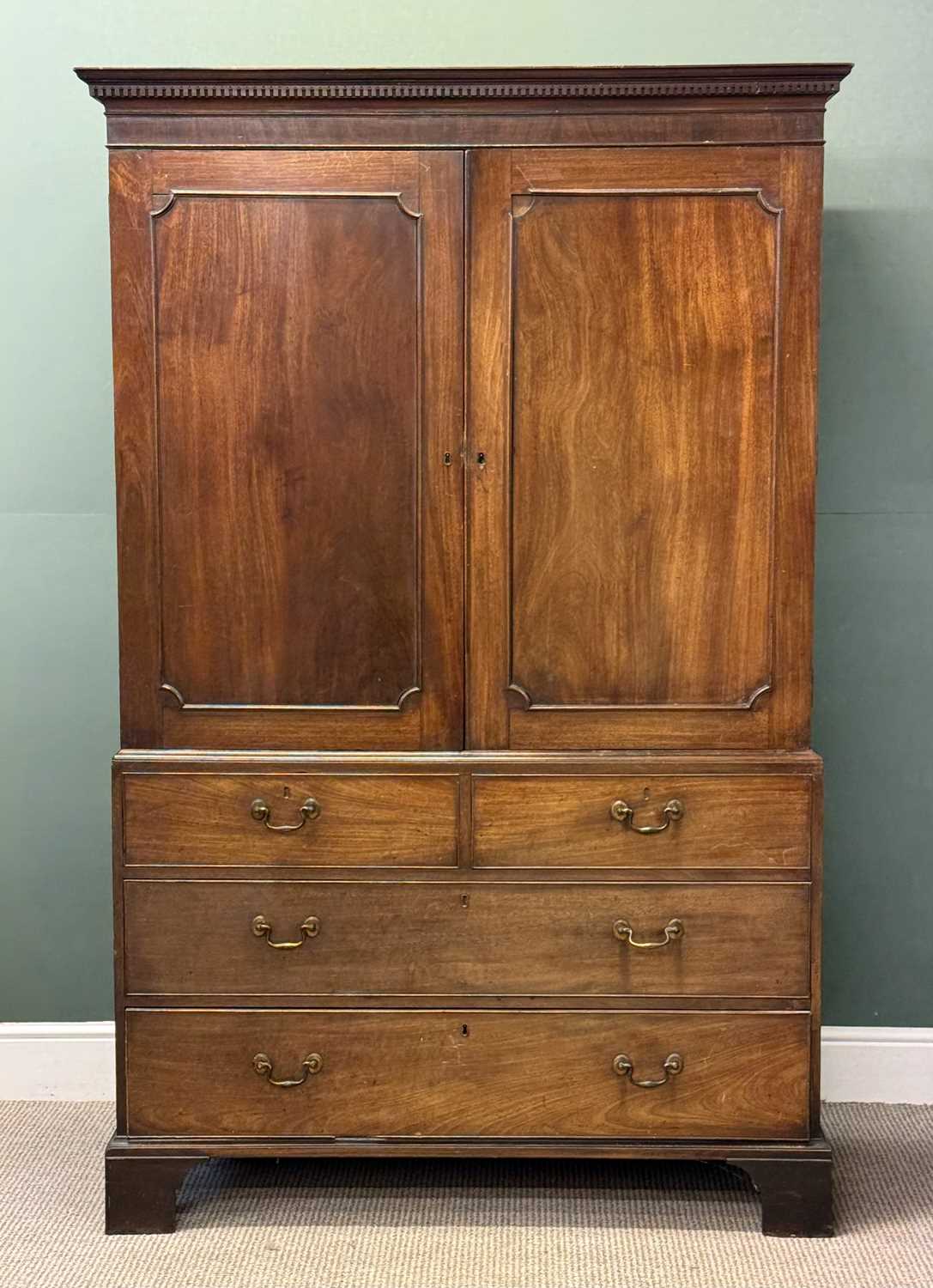19th century mahogany press cupboard, converted to a handing cupboard, moulded dentil cornice over 19th century mahogany press cupboard, converted to a handing cupboard, moulded dentil cornice over
