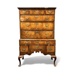 queen anne walnut chest on stand, upper section having three short and two long drawers, stand